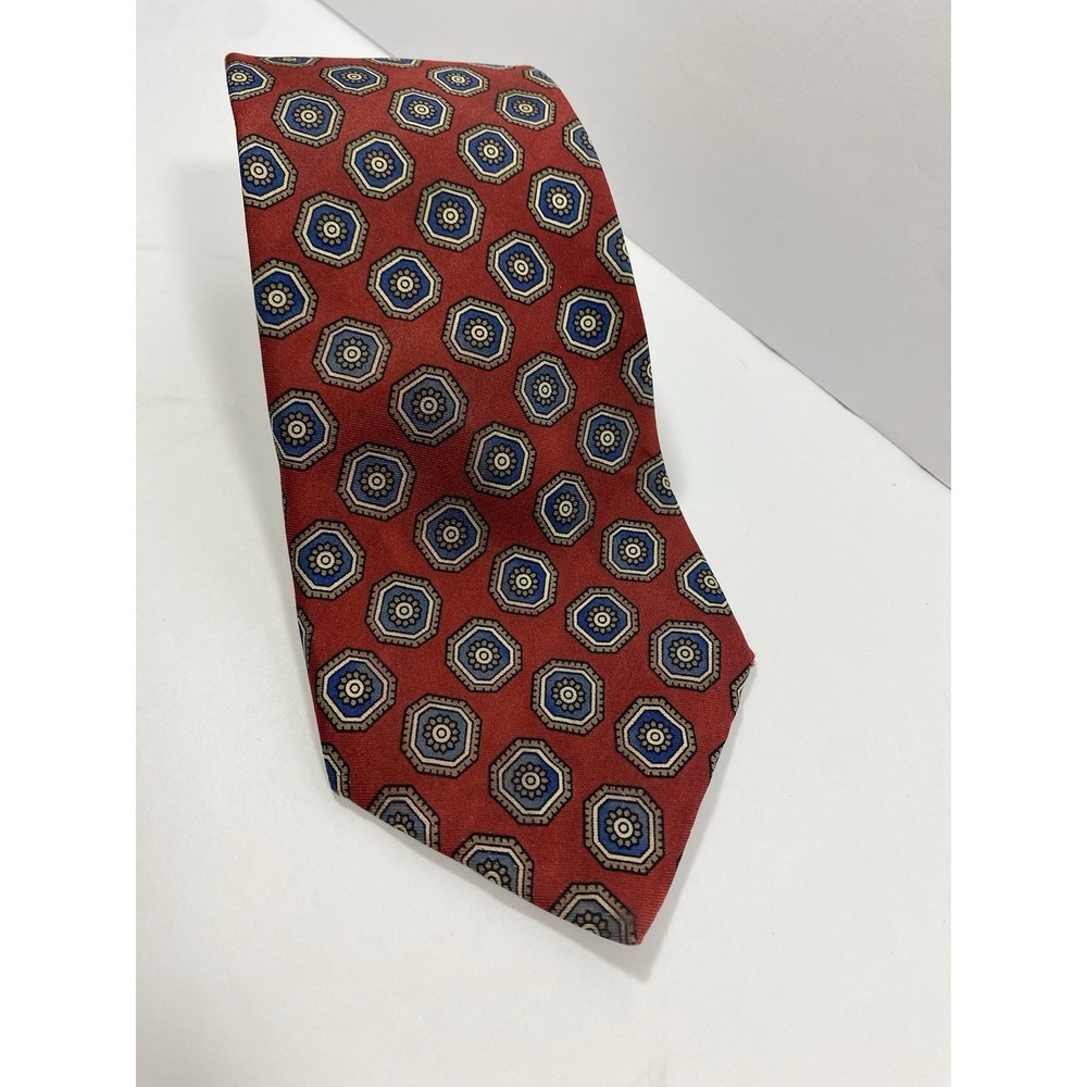 Burberrys Vintage Silk Tie Red Blue Geometric Hand Sewn USA 57x3.25